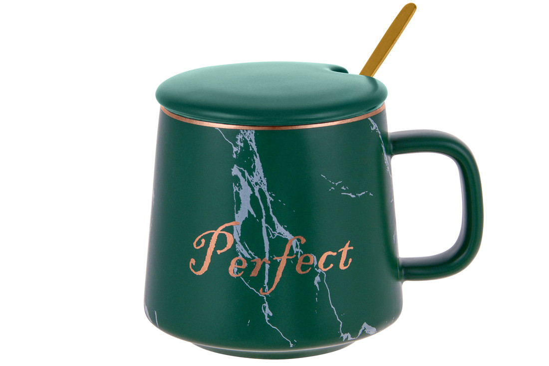 Кухоль порцеляновий Perfect з кришкою та ложкою, 400мл, колір - зелений мармур із золотим написом