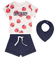 Комплект для мальчика футболка, шорты и слюнявчик, рост 74-80, цвет белый, синий