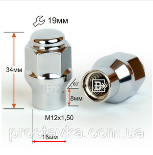 Гайка колісна 801445 ET Cr M12X1,50 Хром висота 35 мм Конус із носиком, закр., кл.19 мм, фото 1