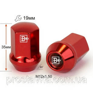 Гайка колісна 801445 RD-Cr M12X1,50 Червоний хром висота 35 мм Конус із виступом. кл.19 мм, фото 1