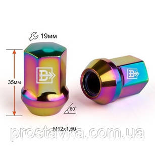 Гайка колісна 801445 Ti-Cr M12X1,50 Райдужний Титан Хром висота 35 мм Конус із виступ. кл.19 мм