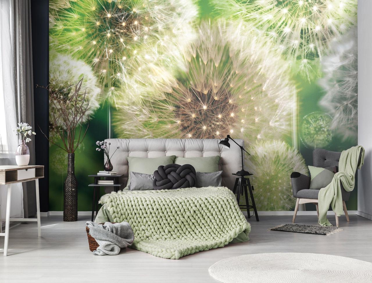 3д фото шпалери квіти 368x254 см Багато кульбаби на зеленому тлі (056P8) + клей Найкраща якість, фото 1