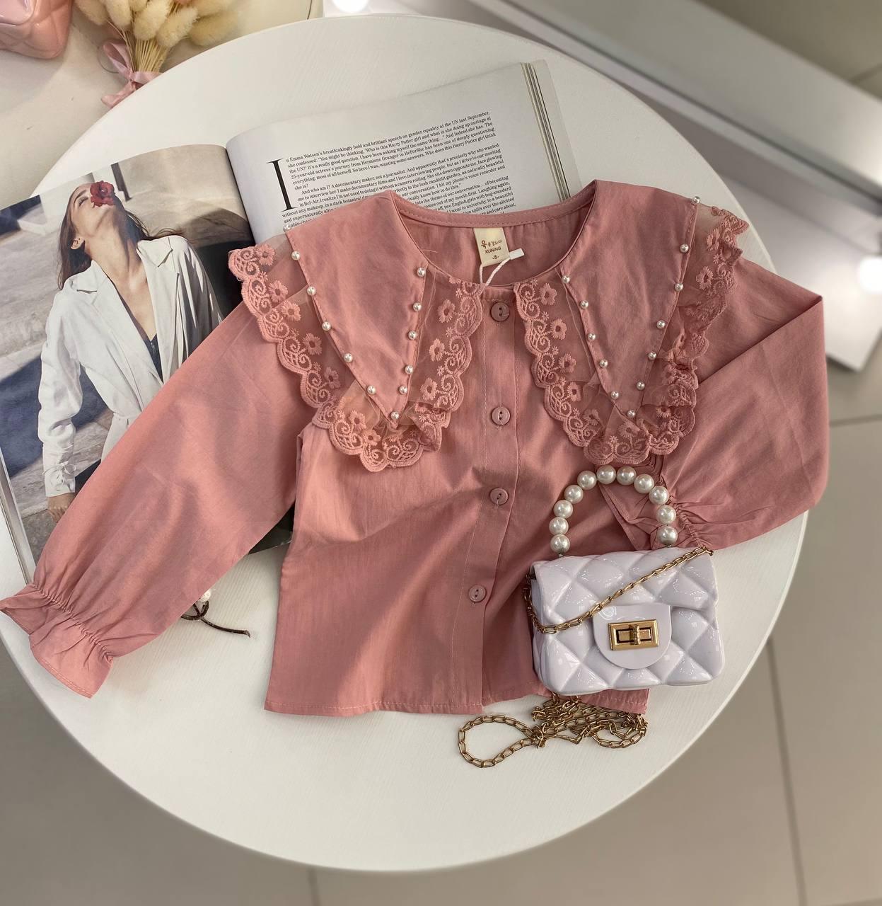 Ошатна блузка на дівчинку з мереживом Пудрова 21Q16, 95, Xuning, Пудровий, Для дівчаток, Весна Осінь, 110, фото 1