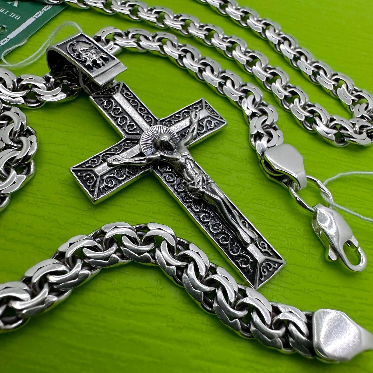 Срібний комплект шикарний хрест і ланцюжок бісмарк Срібло 925