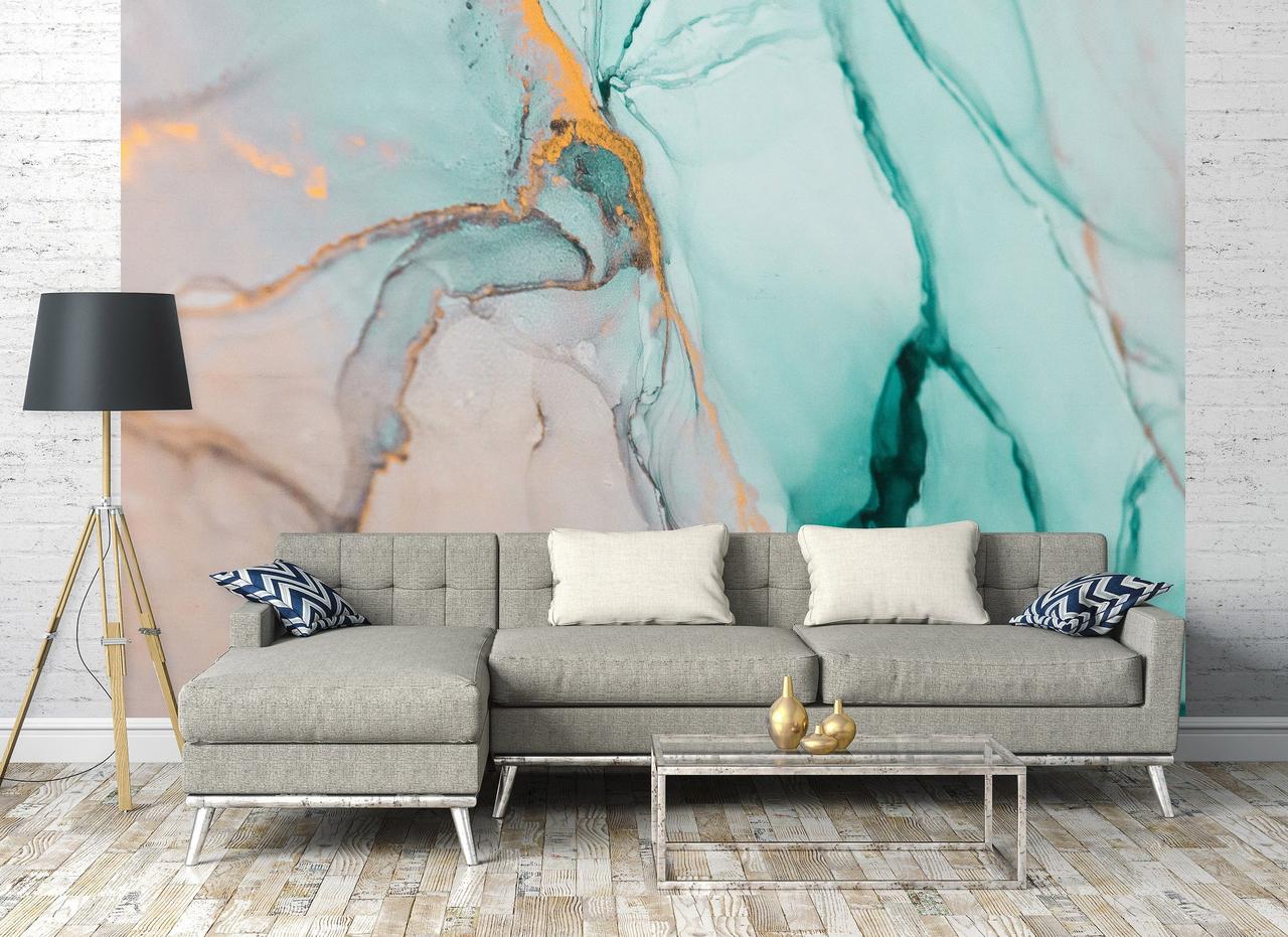 Абстрактні флізелінові фотошпалери 368x254 см Акварельна структура, бірюзовий мармур Найкраща якість, фото 1