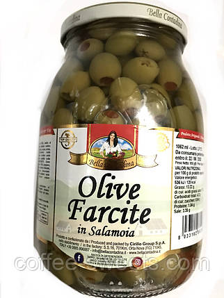 Оливки зелені Olive Farcite Bella Contadina фаршировані перчиком 1062 мл, фото 2