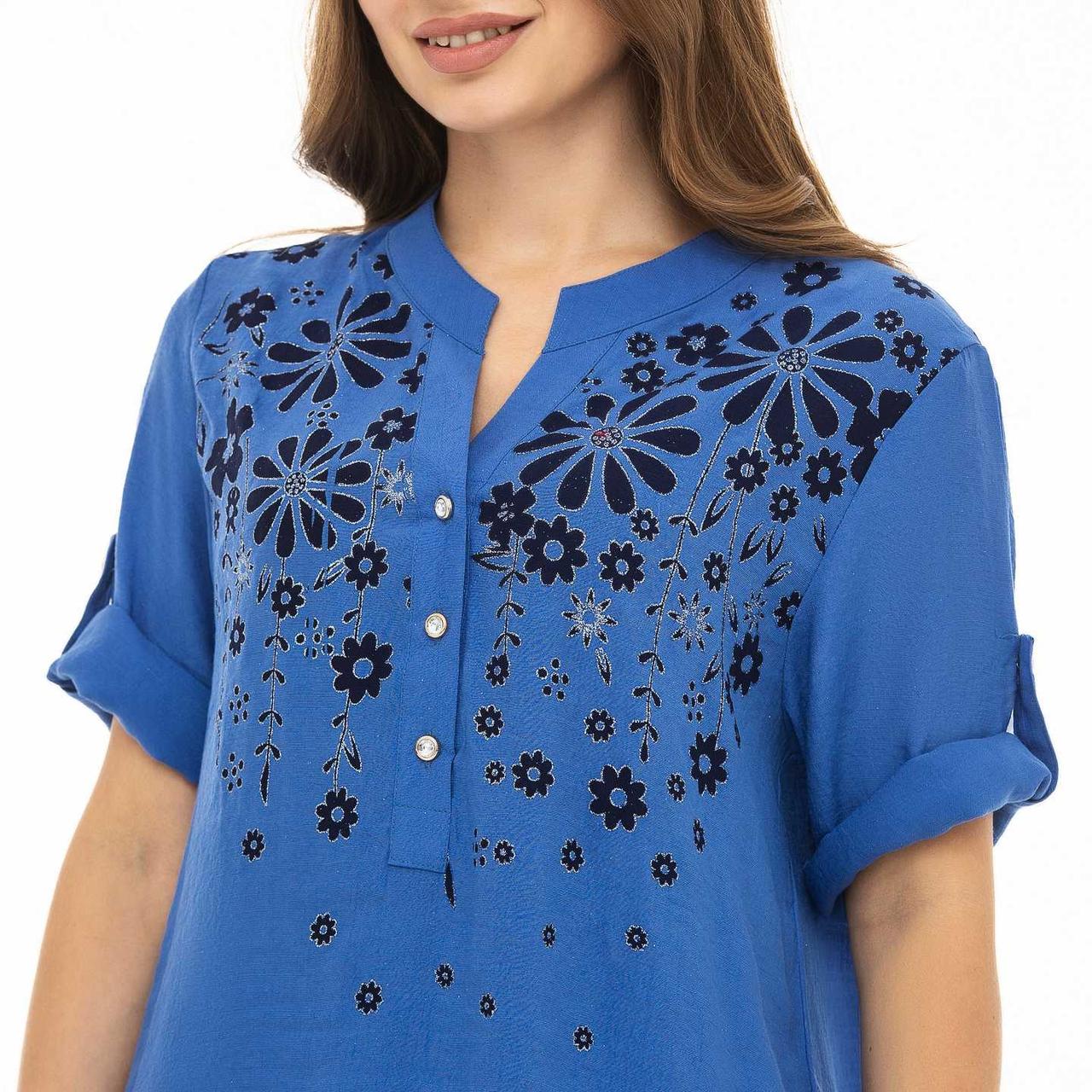 Жіноча блуза синього кольору з принтом, рукав трансформер розміри XL, 2XL