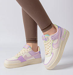 Женские кроссовки Nike Air Force Shadow Beige Violet Найк Аир Форс Шадов бежеві з фіолетовім яскраві шкіряні