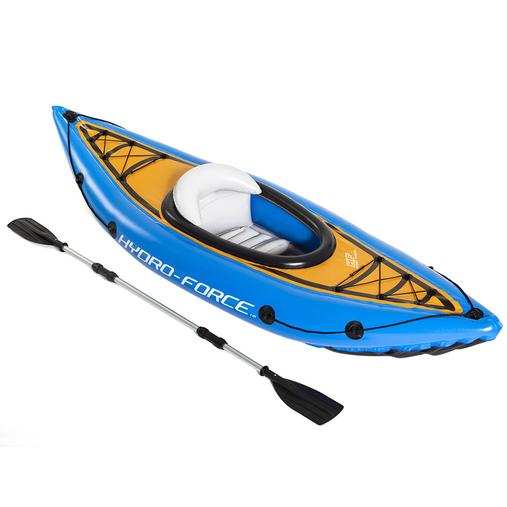 Човен байдарка надувна одномісна Bestway 65115 каяк для спорту риболовлі з веслом та насосом туристична