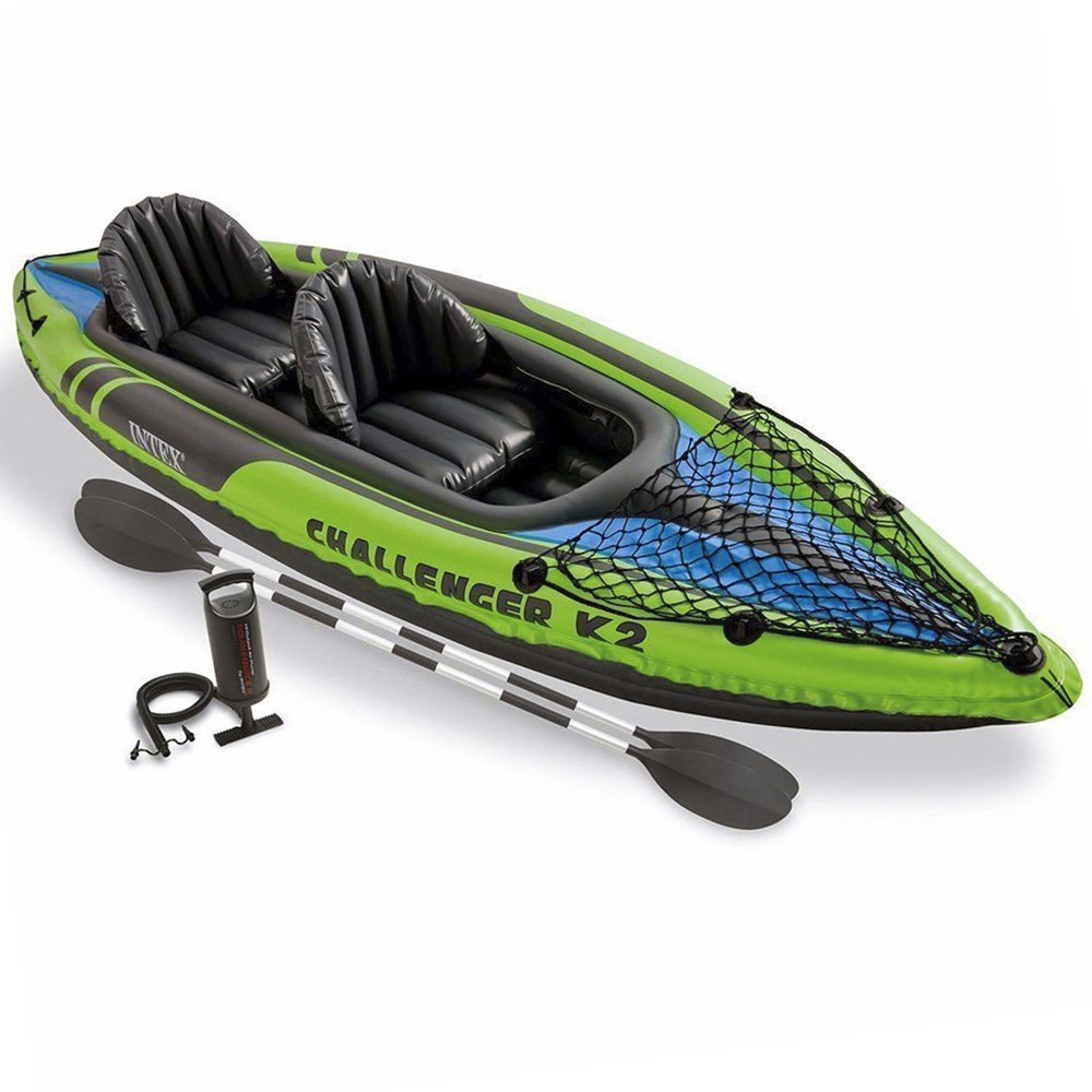 Човен байдарка надувна двомісна Intex 68306 каяк для спорту риболовлі з веслом та насосом туристична