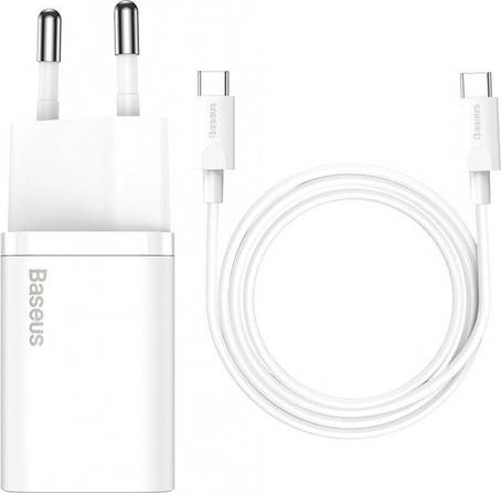 МЗП Baseus Super Si Quick Charger with Mini Cable Type-C to Type-C 3A 25W EU Sets White, фото 1