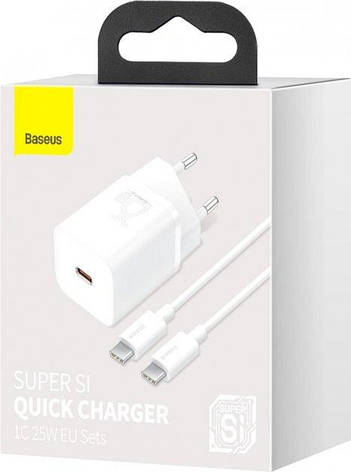 МЗП Baseus Super Si Quick Charger with Mini Cable Type-C to Type-C 3A 25W EU Sets White, фото 3