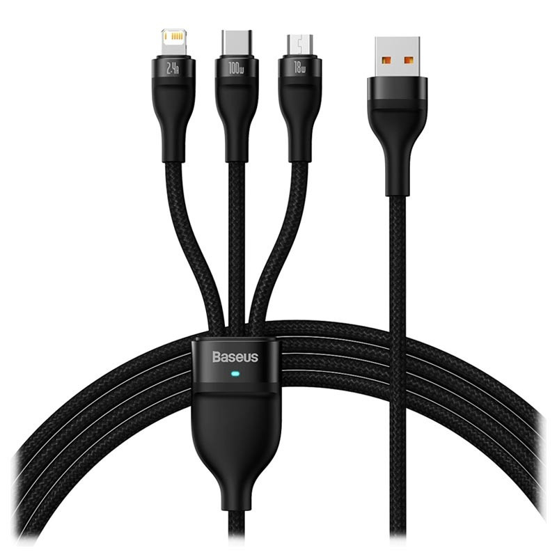 Кабель Baseus Flash Series Ⅱ One-for-three Fast Charging Data Cable USB to M + L + C 100W 1.2m Black