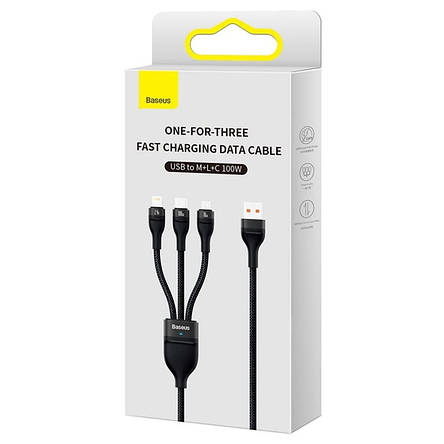 Кабель Baseus Flash Series Ⅱ One-for-three Fast Charging Data Cable USB to M + L + C 100W 1.2m Black, фото 3