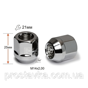 Гайка колісна 910073 Cr M14X2,00 Хром висота 25 мм Конус із виступом., відкр., кл.21мм, фото 1