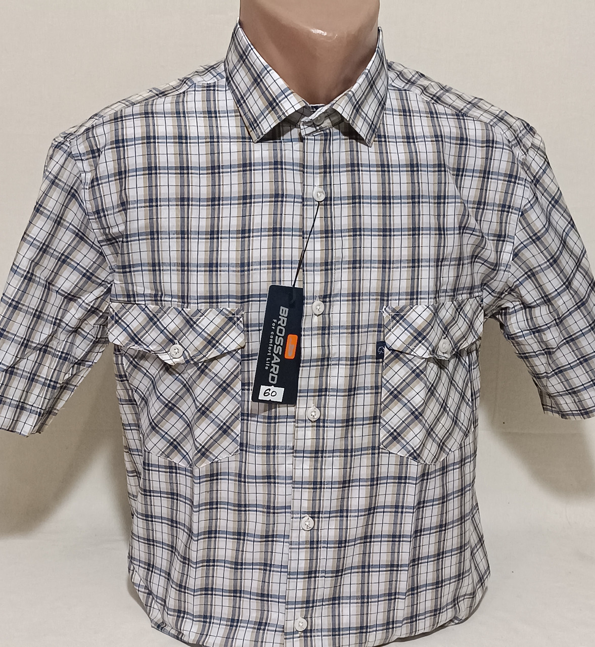 Чоловіча теніска 100% бавовна Brossard vk-0060 біла в клітку класична, чоловіча сорочка з коротким рукавом