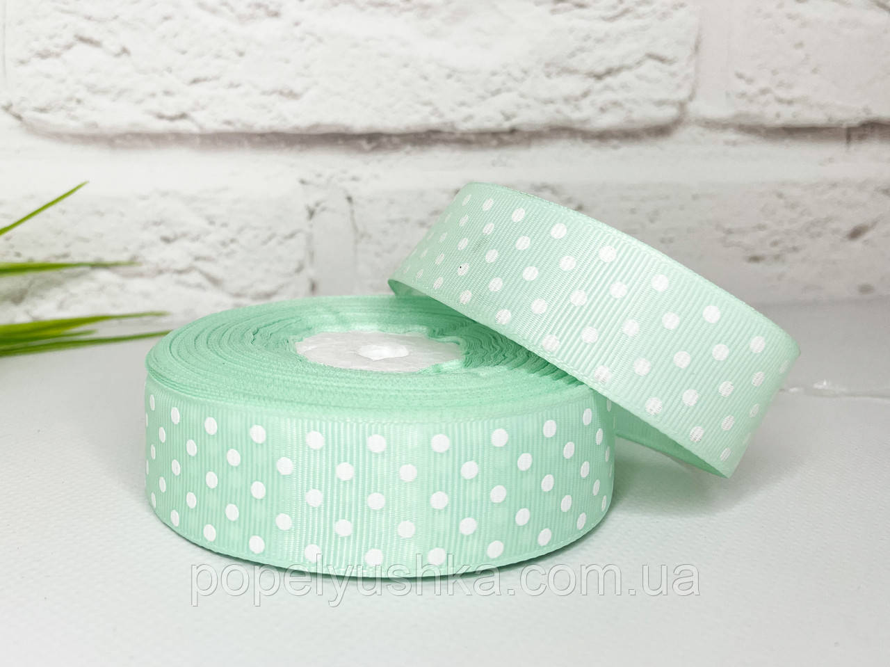 Стрічка репсова в горох 2,5 см блідо-м'ятна, фото 1