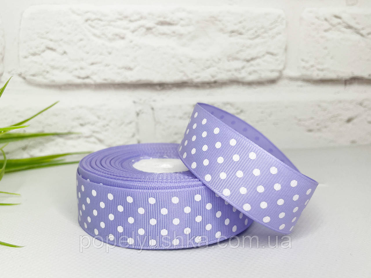 Стрічка репсова в горох 2,5 см бузкова, фото 1