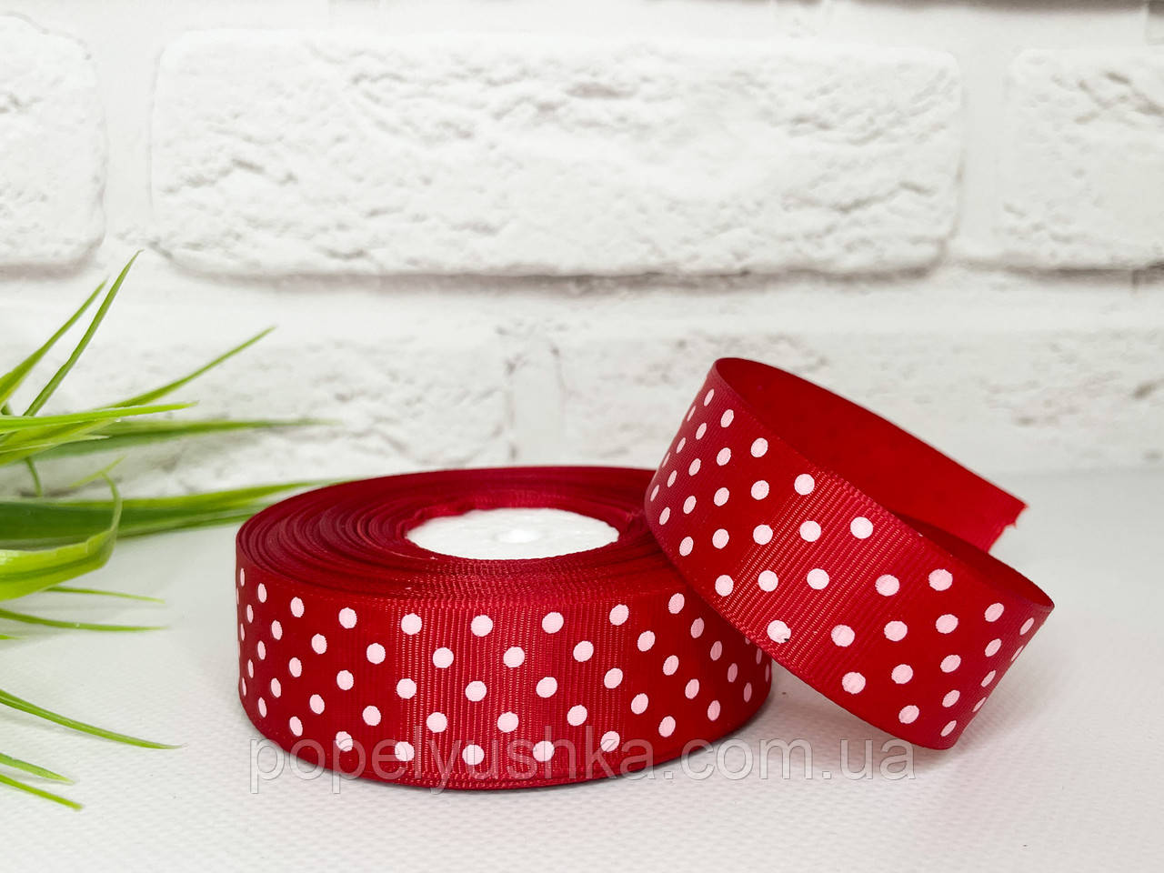 Стрічка репсова в горох 2,5 см темно-червона, фото 1