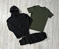 Мужской весна осень костюм базовый / спортивный комплект кофта черная + футболка хаки + штаны однотонный