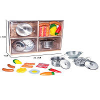 Посуда металлическая детская игровая YH2018-3B, кастрюля, дуршлаг, металл, продукты