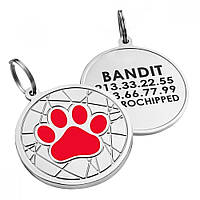 Адресник для собак с лазерной гравировкой из латуни с никелевым покрытием, круглый жетон именной Лапка красный