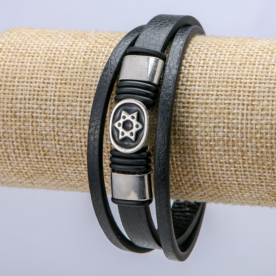 Браслет чоловічий чорна еко-шкіра s-9мм + - срібляста вставка L-21см, фото 1