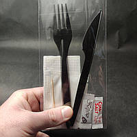 Набор LUX (Вилка + нож + салфетка + влажная салфетка + зубочистка + соль + перец) в индивидуальной упаковке