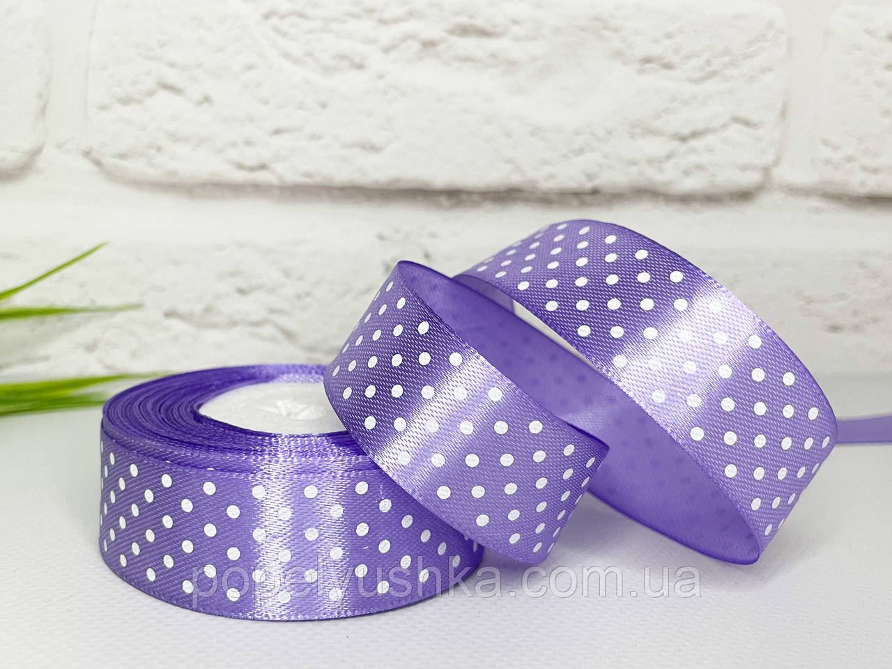 Стрічка атласна в горох 2,5 см бузкова, фото 1