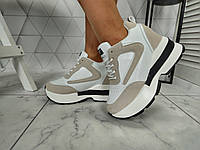Сникерсы кроссовки на высокой платформе с танкеткой белые с бежевым, Размер женской обуви 37 (23 см) 38 37