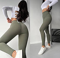 Розмір S. Жіночі лосини в рубчик з високою посадкою, хакі, олива, без флісу