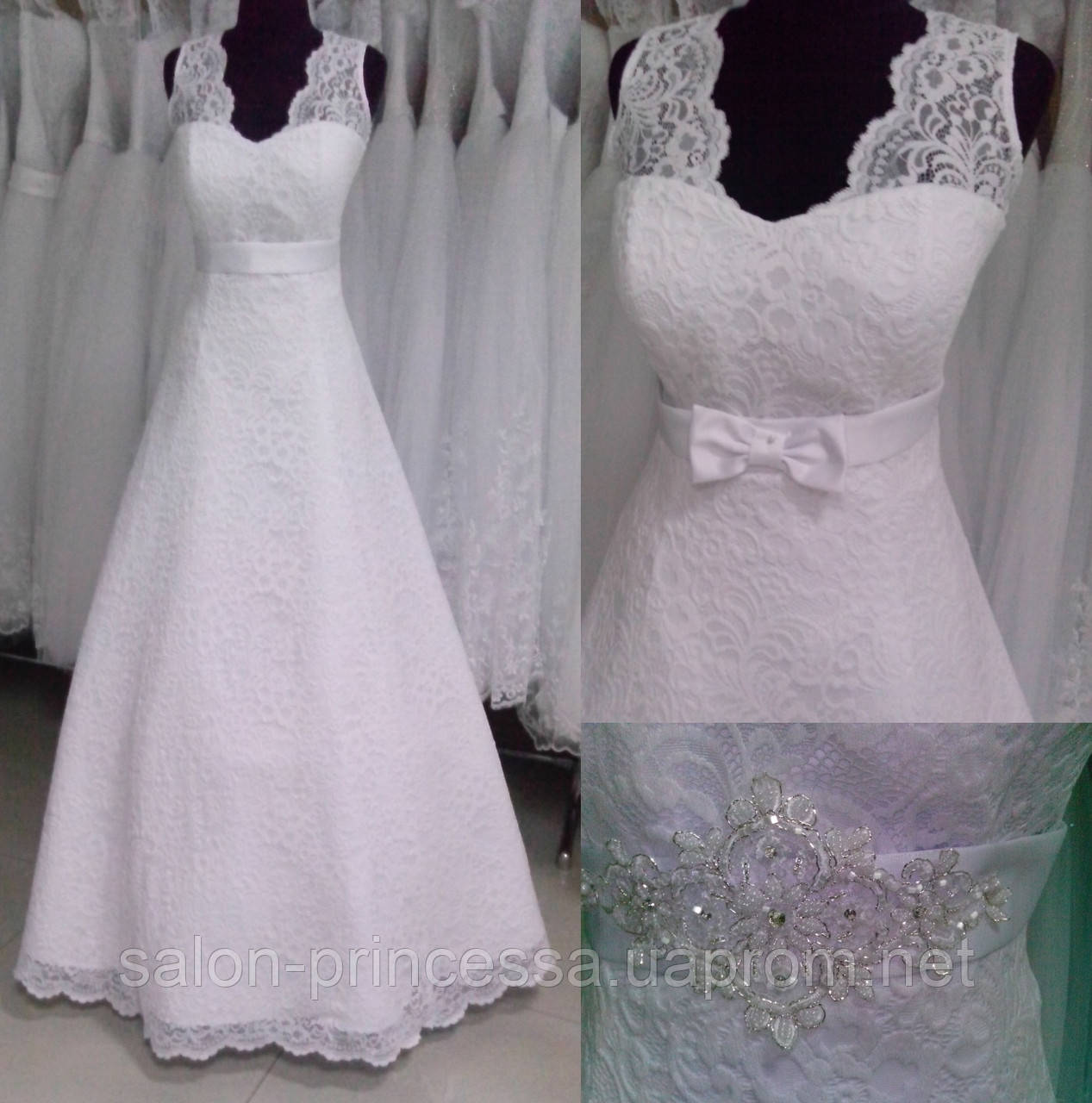 Свадебное гипюровое платье с брителями и бантом - фото 1 - id-p304408469