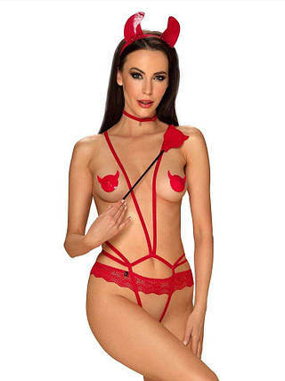 Еротичний костюм чортика з стреп Obsessive Evilia teddy red S/M, боді, чокер, накладки на соски,, фото 1