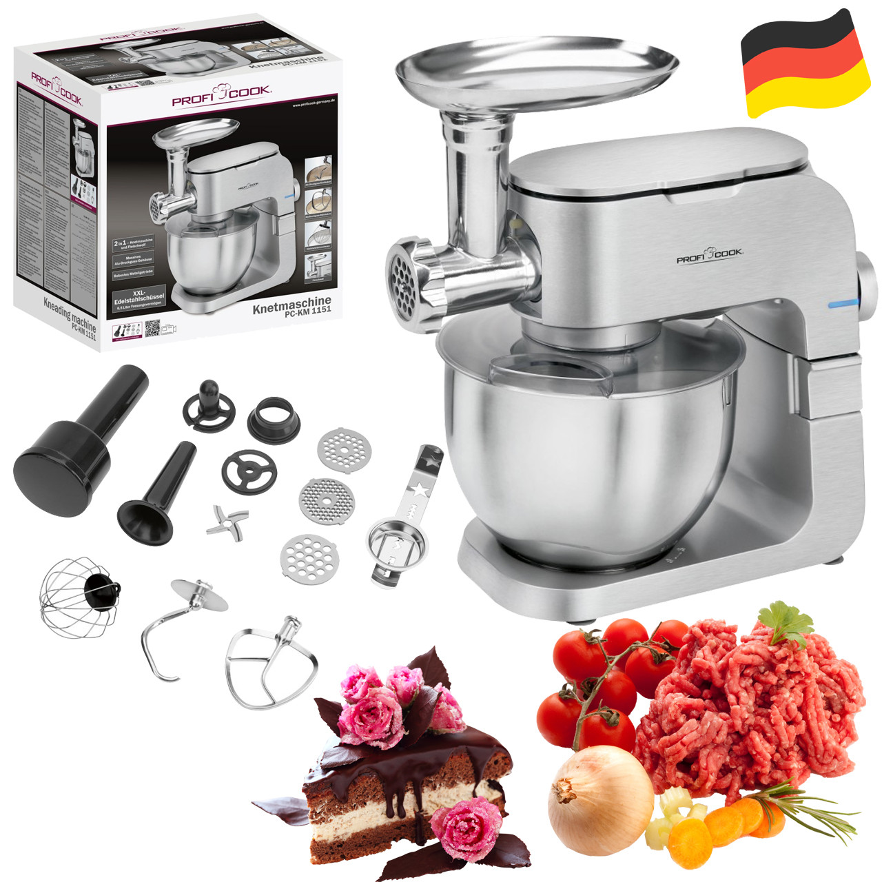 Планетарний кухонний комбайн і м'ясорубка 2в1 ProfiCook PC-KM 1151 (1300 Вт, 6.5 л, Німеччина)
