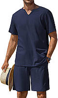 Navy Blue 3X-Large COOFANDY мужской комплект из 2 предметов из хлопка и льна, рубашка Henley с коротким р