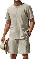 Khaki X-Large COOFANDY мужской комплект из 2 предметов из хлопка и льна, рубашка Henley с коротким рукаво