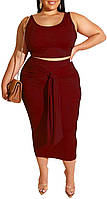 Wine Red Solid X-Large Женское сексуальное платье размера плюс из 2 предметов, комплект миди-платья без р