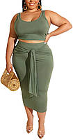 Army Green Solid 4X-Large Женское сексуальное платье размера плюс из 2 предметов, комплект миди-платья бе