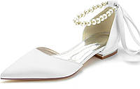7 White Женские туфли-лодочки с острым носком Жемчужные атласные свадебные туфли для невесты На плоской п