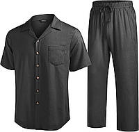 Large Black COOFANDY Мужская льняная одежда из 2 предметов, пляжная рубашка на пуговицах, повседневные св