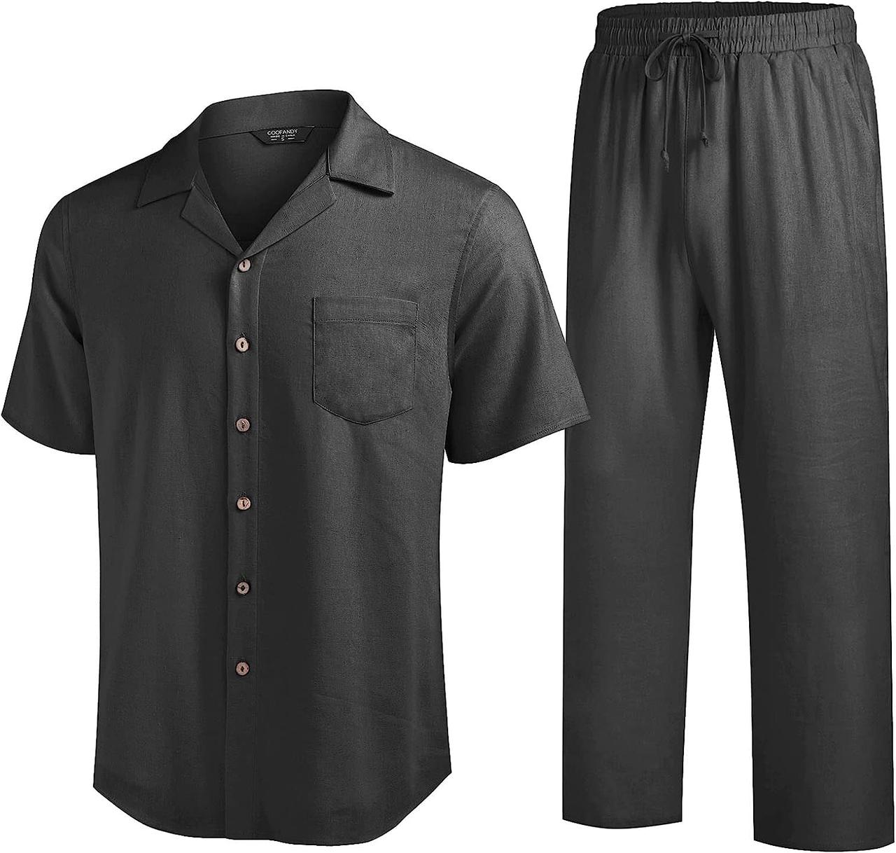 Large Black COOFANDY Чоловічий лляний костюм із 2 предметів, пляжна сорочка на ґудзиках, повсякденні віль