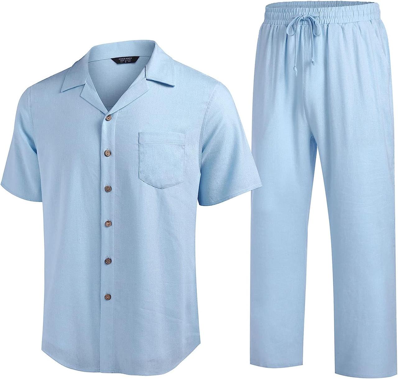 X-Large Sky Blue COOFANDY Чоловічий лляний костюм із 2 предметів, пляжна сорочка на ґудзиках, повсякденні