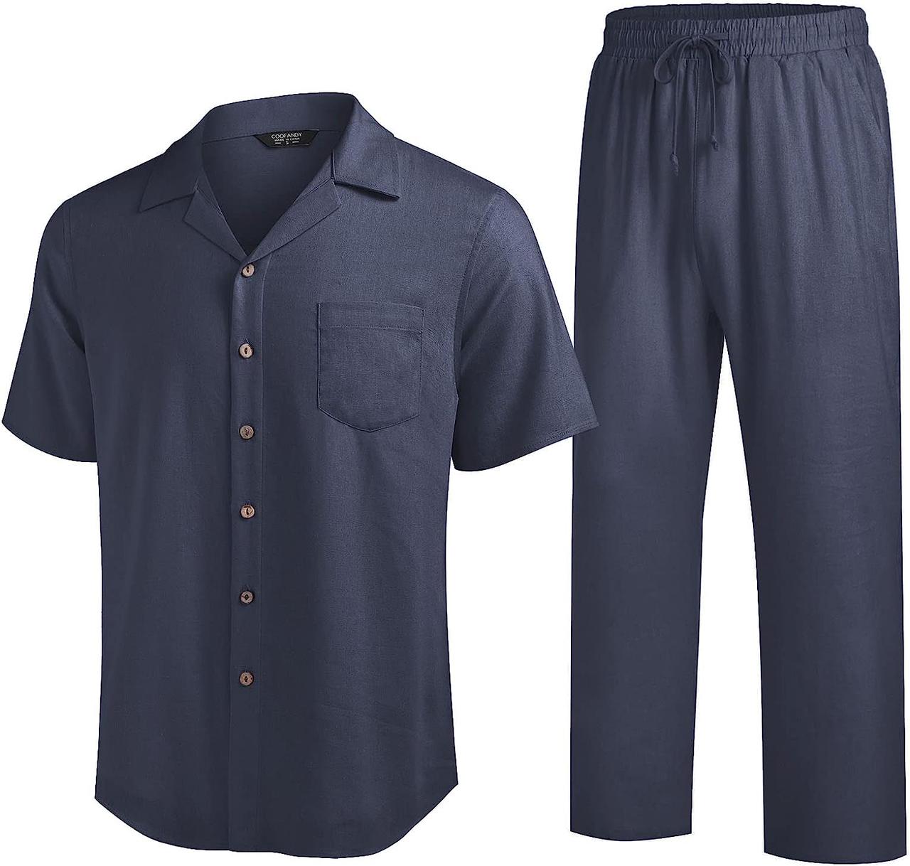Large Navy Blue COOFANDY Чоловічий лляний костюм із 2 предметів, пляжна сорочка на ґудзиках, повсякденні