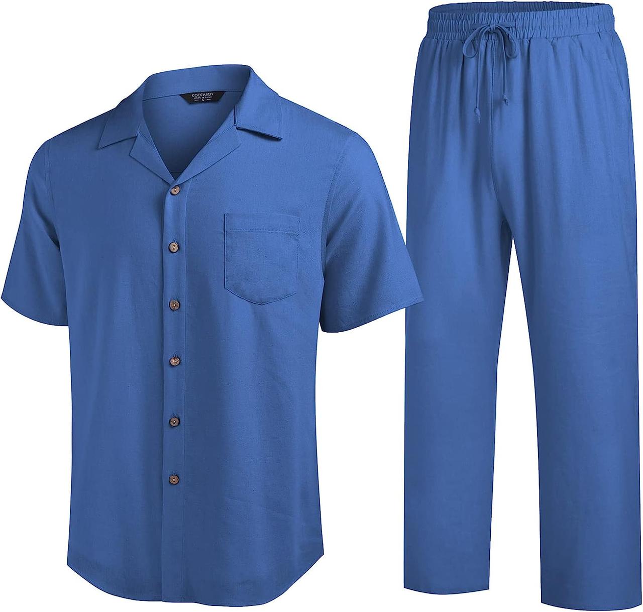 X-Large Royal Blue COOFANDY Чоловічий лляний костюм із 2 предметів, пляжна сорочка на ґудзиках, повсякден