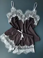 ВЫБОР ЦВЕТА Женская пижама с кружевом майка и шорты софт 44/46, Шоколад+белый
