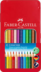 Акварельні кольорові олівці Faber-Castell Grip 12 кольорів в металевій коробці, 112413