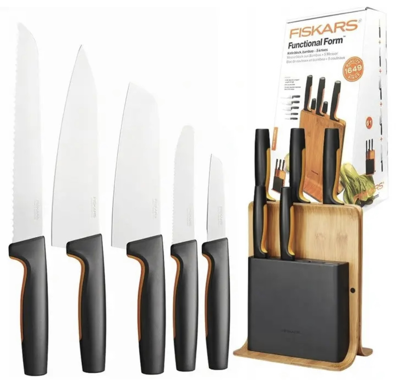 Набір ножів на підставці FISKARS Functional Form 1057552 (6 шт.) 5 ножів + бамбукова підставка