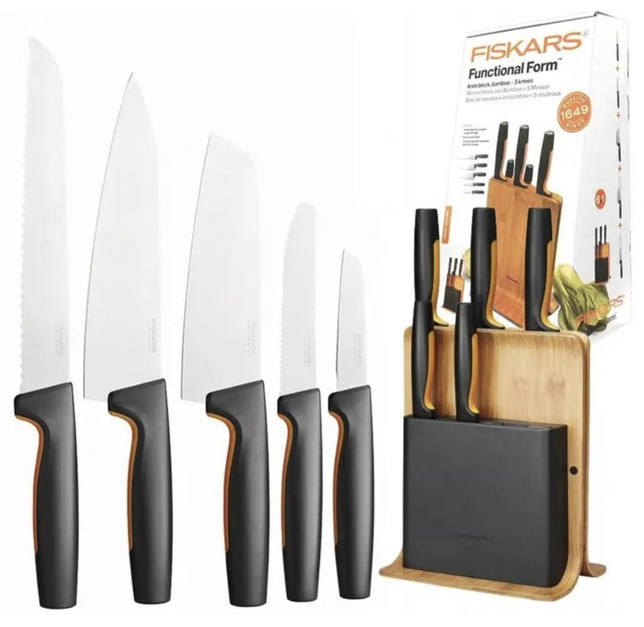 Набір ножів на підставці FISKARS Functional Form 1057552 (6 шт.) 5 ножів + бамбукова підставка, фото 1