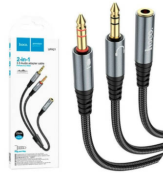 Кабель HOCO UPA21 2in1 3.5 Audio adapter cable Female to 2 Male Metal Сірий