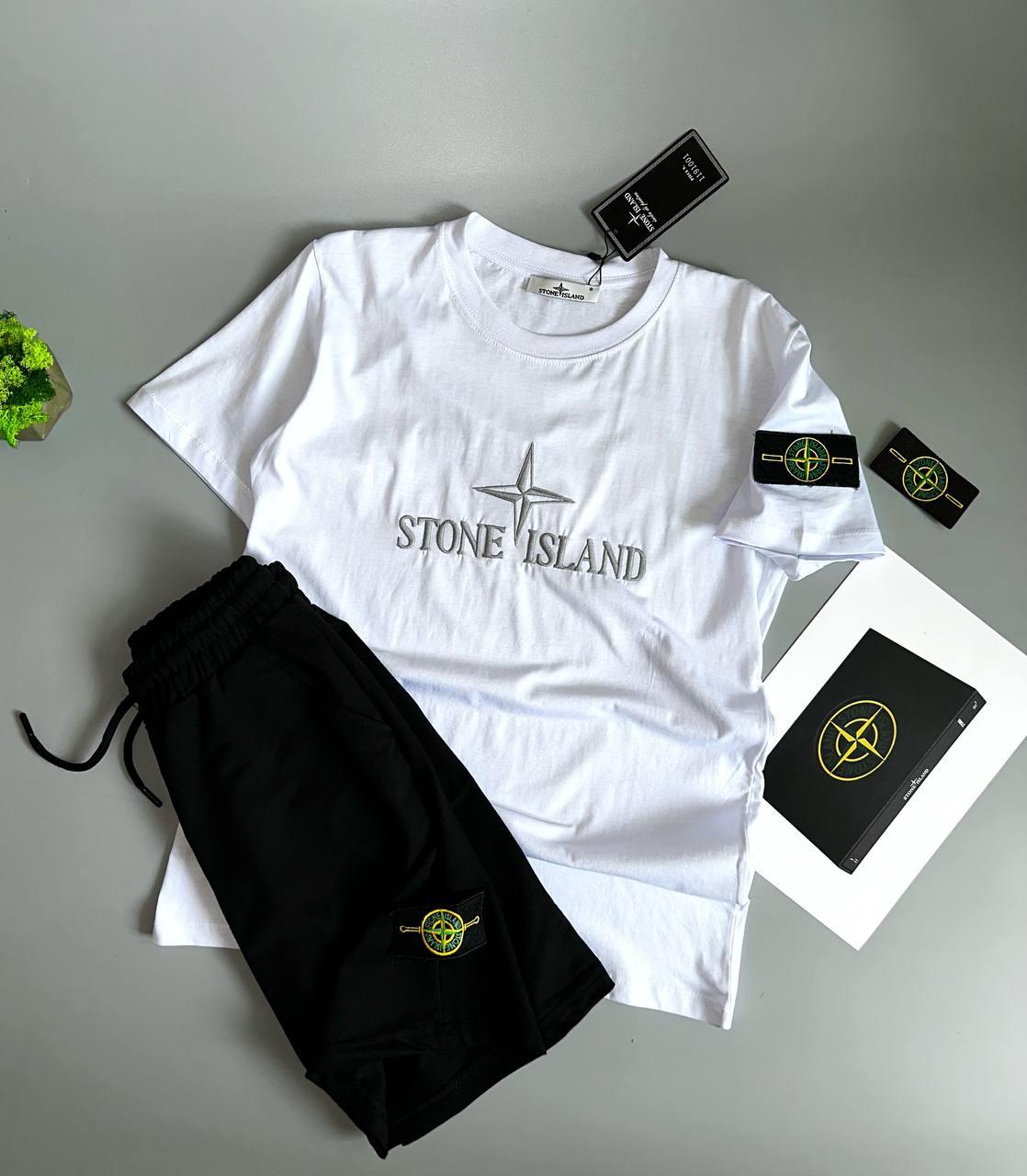 Літній чоловічий спортивний костюм футболка + шорти Stone Island White Black комплект Біла Туреччина вишивка